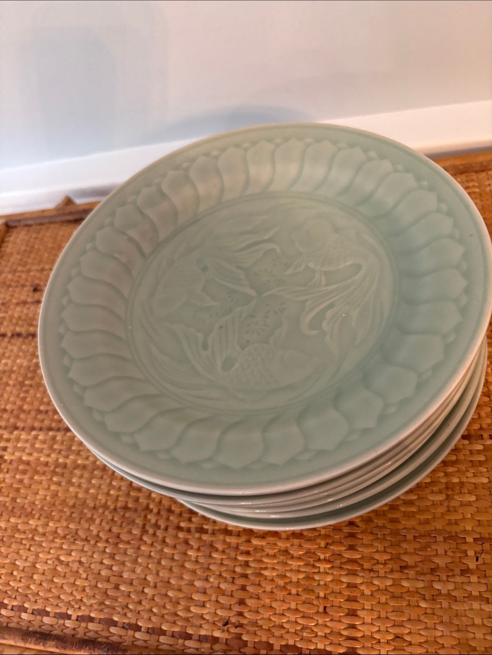 Vintage Celadon Green Embossed Ceramic Shallow Bowls w Koi Design - Set of 6